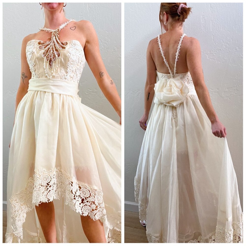 Vintage 1980's Beaded Halter Cream Chiffon High Low Formal Gown/ Wedding Dress